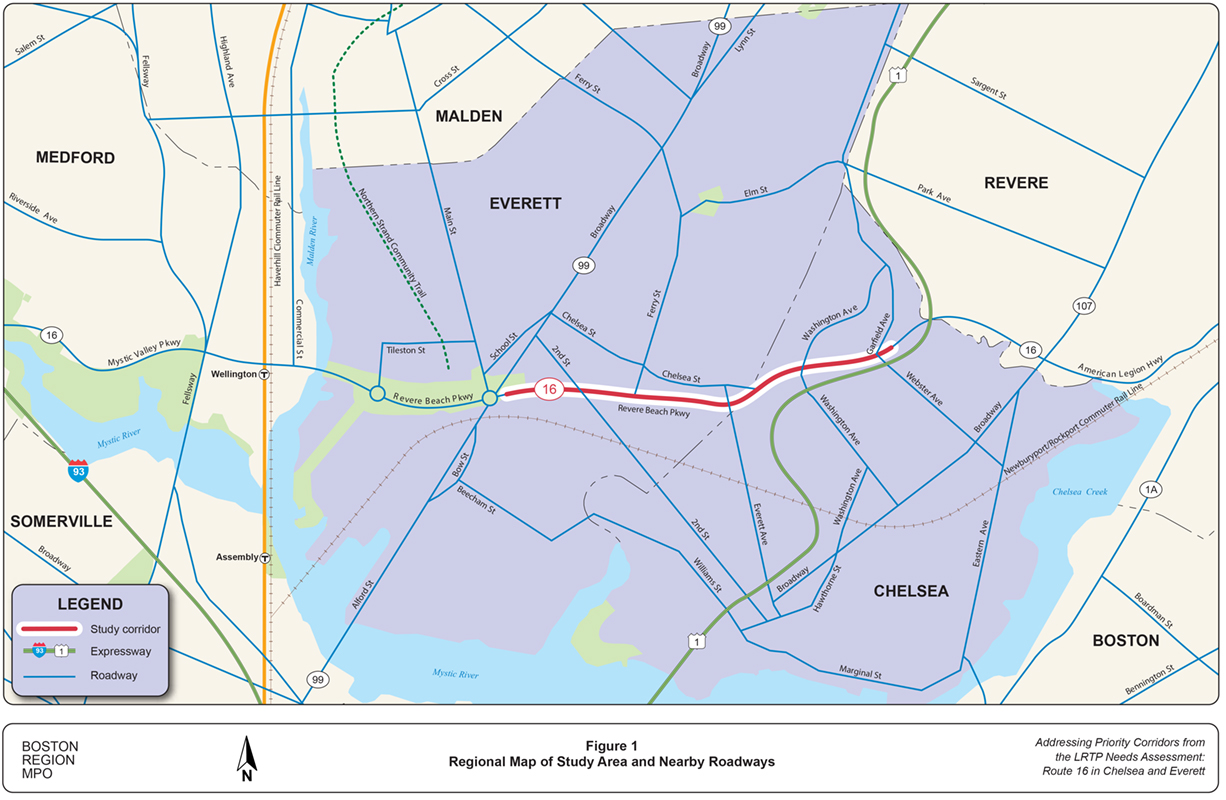 Figure 1
Regional Map of Study Area and Nearby Roadways
Figure 1 is a map of the study area, Route 16 in Chelsea and Everett and surrounding roadways.
